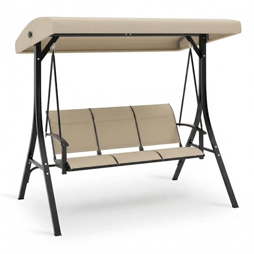 GarveeLife 3-Seat Patio Swing Chair, Outdoor Porch Hanging Chairs with Adjustable Canopy and Armrests, Breathable Textilene Fabric Seat & Backrest, Swing Bench for Garden, Poolside, Backyard, Beige