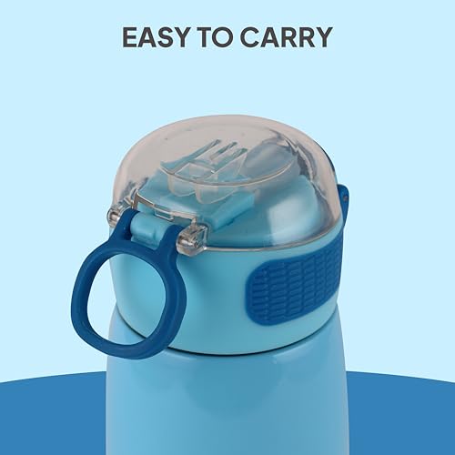 Image of Cello Kidzbee Flare 450 Insulated Stainless Steel Sipper Water Bottle 444 ml, Light Blue | Mickey Family Cartoon Design Hot & Cold Bottle | Vacuum Insulated Leakproof Easy to Carry Bottle for Kids