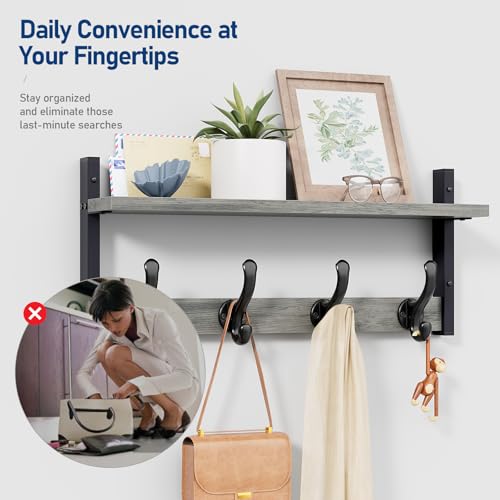Image of Tatub 20 inch Rustic Coat Rack Wall Mount with Shelf, Wall Hooks with Shelf, Heavy Duty Entryway Organizer Hangers for Hanging, Hat, Bag, Jacket for Bathroom, Living Room, Bedroom, Gray