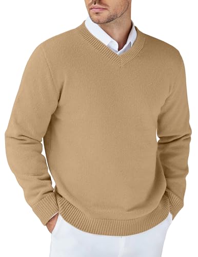 COOFANDY Pull Homme Col V Pullover d'hiver Épais Tricoté Manches Longues Sweat Homme Regular Fit Khaki 3XL
