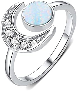 Moon Ring, 925 Sterling Silver Moonstone/Turquoise/Opal/100 Languages I Love You Ring Crescent Moon Ring Adjustable Open Rings Christmas Gifts for Women Girls