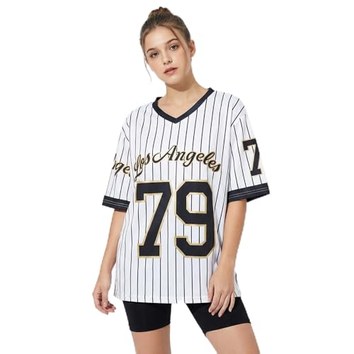 Zidoley Jersey Tops for Women y2k Fashion Ladies Oversized t Shirts V Neck Sports American Football/Baseball Jersey Going Out Summer Varsity Top (UK Alpha L Regular Regular)