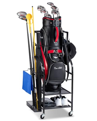 Golf Bags Storage Garage Organizer- FHXZH Golf Bag Stand Fit Single Golf Bags, Golf Clubs, and Golf Equipment Accessories, Golf Bag Storage Rack with Wheels for Garage, Club, Shed, Basement