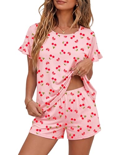 Image of Ekouaer Womens Cotton Pajama Set Ruffle Sleeve Top and Short Soft Sleepwear | Comfy Cotton Loungewear Crewneck Sleepwear with Pockets for mom, wife or grandmother