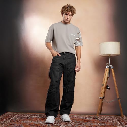 Image of CAHOOT Men Denim Jeans - Relaxed Fit Mid Rise Solid Pattern - 100% Cotton Dark-Wash Denim with Turned-Up Cuffs & Six Pockets for Casual & Street Wear