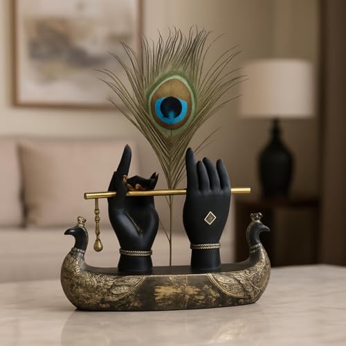 Image of Mariner's Creation Decorative Krishna Hand Showpiece with Metal Flute and Peacock Feather for Home Decor Living Room and Pooja Room and Gift, Black and Gold Base, 23x6x15 cm, Religious Home Decor