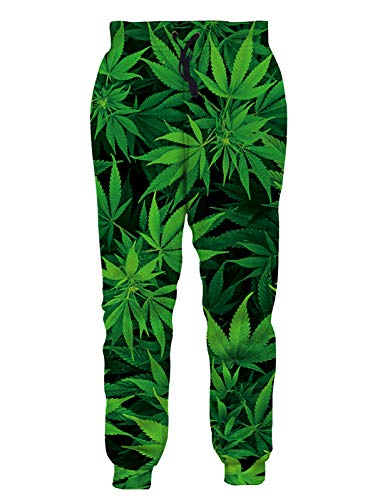 RAISEVERN Unisex Jogger Pants 3D Active Green Weed Leaf Graphic Novelty Casual Gym Trouser with Pocket for Men Women