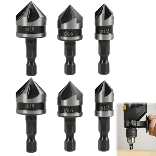 LUCTHY 6PCS Countersink Drill Bit Set 1/4 Hex Shank HSS Countersinks for Wood 12/16/19mm Drill Bits for Screw Holes Professional Counter Sink Set for Woodworking & DIY Projects