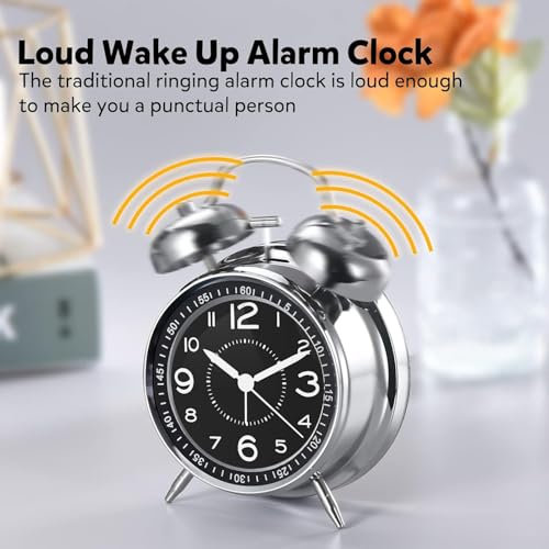 Image of Azyh Loud Alarm Clock for Heavy Sleepers Adults, Metal 4 Inches Twin Bell Battery Operated Alarm Clocks for Bedrooms Decoration, Silent Non-Ticking (Silver)