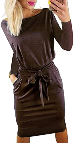 PRETTYGARDEN Women's Fall Bodycon Party Dress Casual Long Sleeve Tie Waist Fitted Sheath Pencil Dresses with Pockets