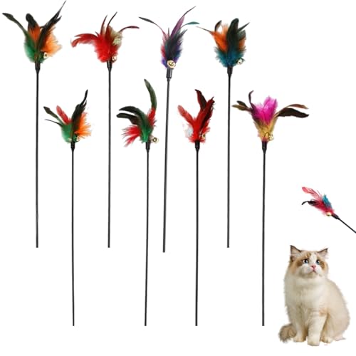 Hautllaif Katzenspielzeug Federangel 8 Stück – Bunte Katzenangel mit Naturfedern, Kurzer 40cm Gummistab, Interaktives Spielzeug für Katzen drinnen...