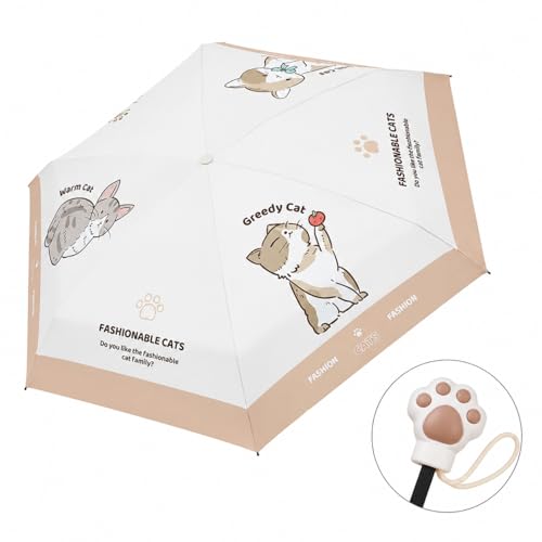 Image of The Purple Tree Cute Cat Print UV Protection 3 Fold Travel Umbrella for Women & Girls | Manual Open, Compact Rain & Sun Protection, UPF 50+ | Windproof Portable Folding Umbrella with Paw Handle