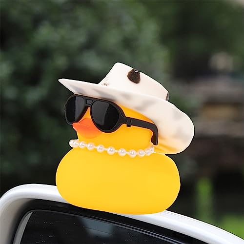 Image of wonuu Car Rubber Duck, Yellow Duck Decoration Dashboard with Sun Hat Swim Ring Necklace Sunglasses for Car Dashboard Decorations, Black White Cowboy Hat-Transparent-Small Pearl