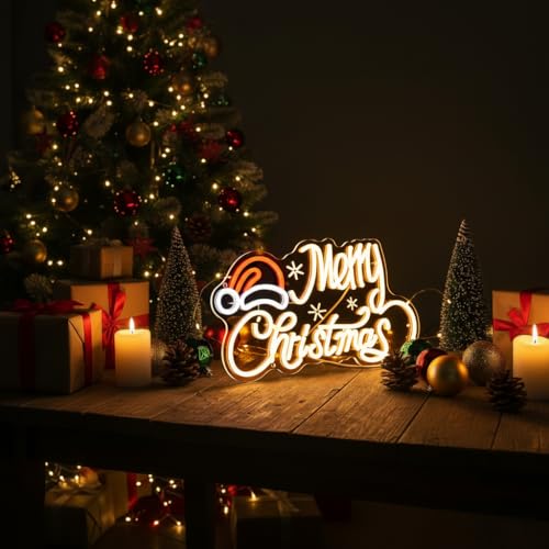 Image of Neon Sign with Santa Hat, 16x9 In Xmas Led Neon Sign USB Powered Merry Christmas Neon Light Up Sign for Home Wall Decor Kids New Year Party Backdrop