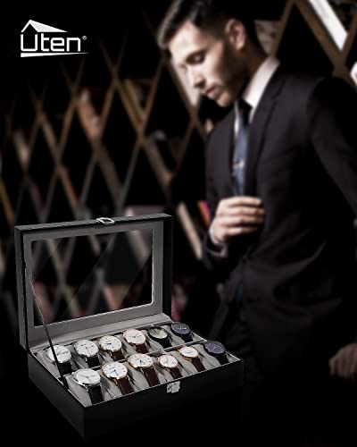 Uten Uhrenbox für 12 Uhren, Uhrenkasten Uhrenschatulle aus PU und Samftfutter mit klarem Fenster, Uhrenkoffer Geschenk