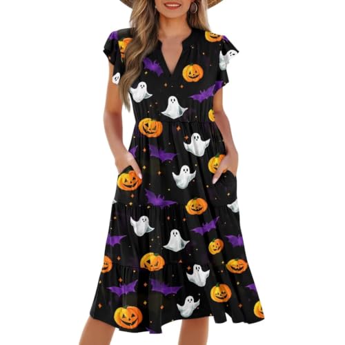 Image of Womens Summer Dress Ruffle Sleeve V Neck Dress Casual Fit Flowy Beach Vacation Sundress with Pocket S-2XL