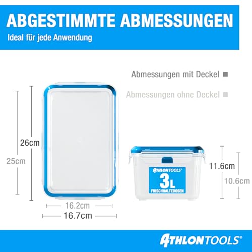 ATHLON TOOLS 4x 3L Frischhaltedosen-Set in Gastro-Qualität - 100% luftdicht und auslaufsicher -40 bis +100 Grad - für alle Lebensmittel - BPA-frei - Vorratsdosen für Kühlschrank (3 L | 4er Set)