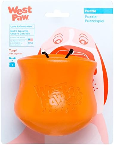 West Paw Zogoflex Toppl Treat Dispensing Dog Toy Puzzle – Interactive Chew Toys for Dogs – Dog Toy for Moderate Chewers, Fetch, Catch – Holds Kibble, Treats, Large 4", Tangerine