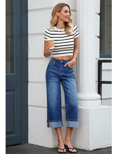 Vetinee Capris Jeans for Women Wide Leg High Waisted Trendy Fold Hem Summer Casual Stretchy Denim Jean Capri Pants4