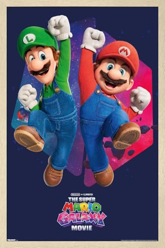 Trends International Nintendo The Super Mario Galaxy Movie (2026) - Mario & Luigi Jump Wall Poster, 34L x 22.4W, Blonde Framed Version