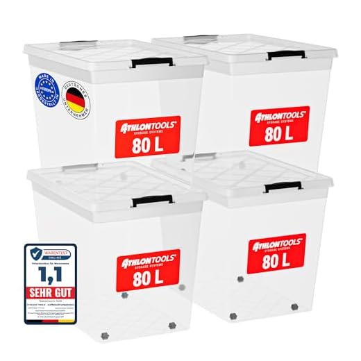 ATHLON TOOLS 4x 80 L Aufbewahrungsboxen mit Deckel, lebensmittelecht - Verschlussclips - 100% Neumaterial Plastik-Box transparent - Kleiderboxen stapelbar…