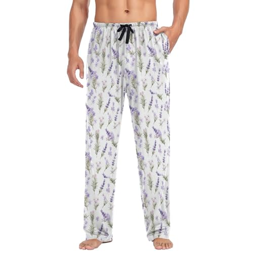 Men's Lavender Flowers Pajama Pants with Elastic Waistband | Soft Lounge Sleepwear | Breathable Sleep Pants for Home（607）3
