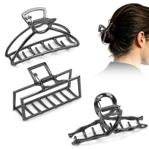 Black metal hair claw clip in three small sizes for men — proves the set is scaled for shorter hair