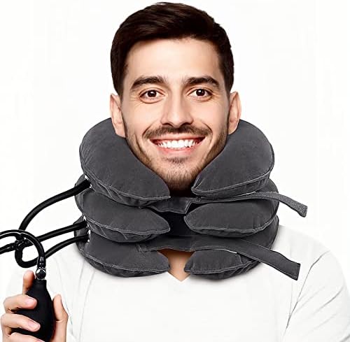 Cervical Neck Traction Device, Adjustable Inflatable Neck Stretcher & Neck Brace for Neck Pain Relief, Neck Traction Pillow Provides Neck Decompression and Neck Tension Relief (Gray)