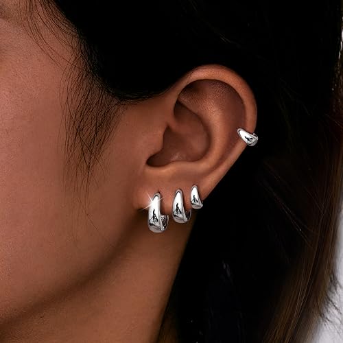 Image of Small Gold Huggie Hoop Earrings Set for Women Men Hypoallergenic 14K Plated Stack Cartilage Earrings, Sterling Silver Multiple Piercing Lightweight Mini Thin Cute Dainty Trendy Jewelry Gifts for Women