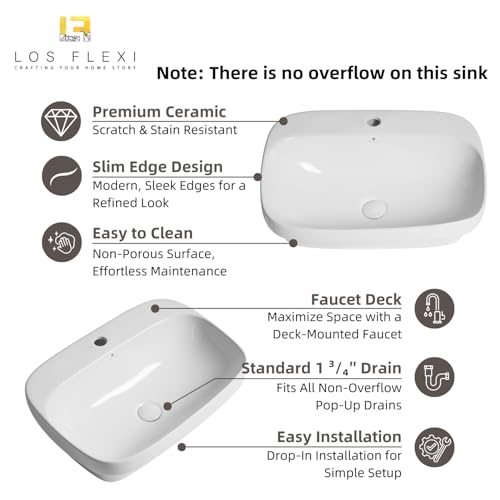 Image of 24″W x 17″D Drop In Bathroom Sink, Los Flexi White Rectangular Semi Recessed Bathroom Vessel Sink with Pop-Up Drain Kit, Single Faucet Hole, Above Counter Basin for Bathrooms