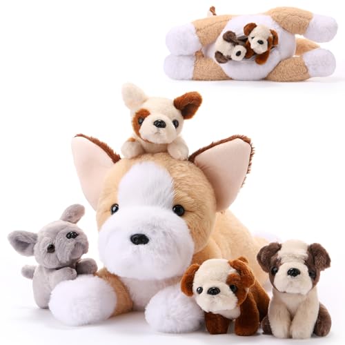 Skylety 5 Piezas de Perro de Peluche Animales de Peluche de Perrito Lindos Suaves 1 Perro Mamá Grande de con 4 Mini Cachorros para Cumpleaños Fiesta de Día de Niño(Estilo clásico)