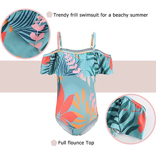 Image of Girls One Piece Swimsuits Off Shoulder Bathing Suit Kids Hawaiian Floral Swimwear 3-16 Years