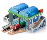 SainSmart Jr. Wooden Train Track Accessories - Premium Train Station with Double-Track Tracks and Conveyor Belt Fit for All Major Brands, Ideal Gift for Aged 3+