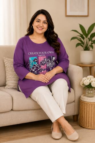 Image of RYSH Women's Plus Size Printed Nightshirt | Round Neck | 3 /4 Sleeve | Relaxed Fit Long Nightwear Top |