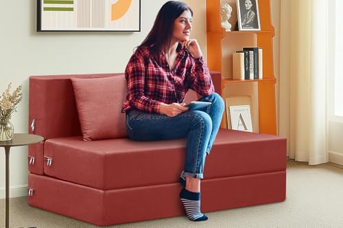 Image of Two Seater Foldable Sofa Cum Bed for Home | Jute Fabric | Washable Cover with Two Cushions | 4x6 ft | Red Color | Perfect for Home, Office & Guest Room