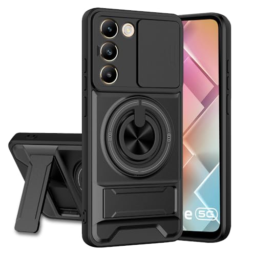 Image of Vivo Y200E 5G / T3 5G Back Cover | Armor Camera Slider 360 Degree Rotating Finger Ring Holder Case with Bracket Stand Back Case Cover (Compatible with MagSafe Accessories) (Black)