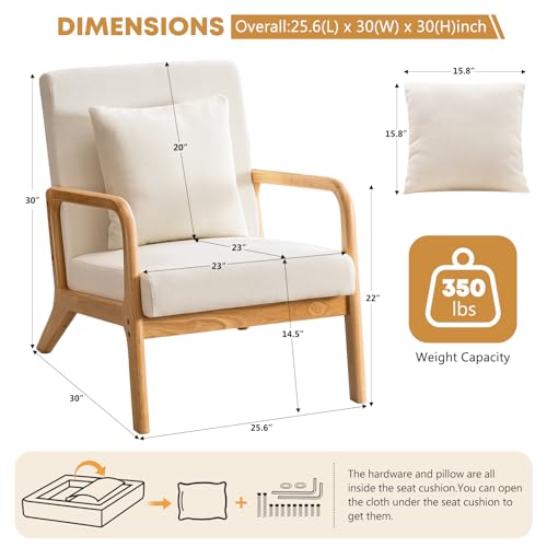 ELUCHANG Mid-Century Modern Accent Chair with Lumbar Pillow,Upholstered Armchair,Linen Fabric Comfy Reading Chair, Lounge Side Chair for Living Room Bedroom Apartment,Easy Assembly - Image 3