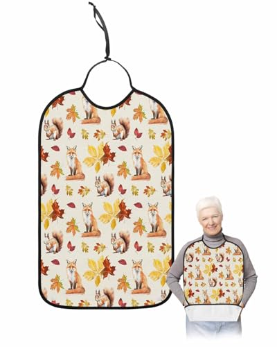 LEOKOTI Squirrel Fox Fall Adult Bibs for Eating, Waterproof Bibs with Food Catcher & Snap Closure, Thanksgiving Maple Leaf Autumn Botanical Washable Clothing Protectors Adult Bibs for Elderly