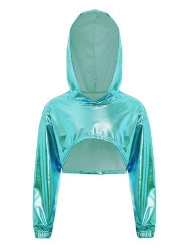 Kids Street Dance Shirts Metallic Hooded Crop Top with Raw Edge Hem Long Sleeve Streetwear for Hip Hop Dancewear