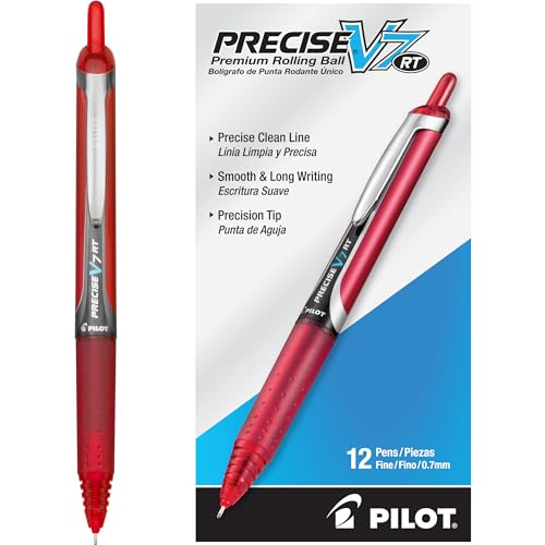 Pilot Precise V7 RT Refillable & Retractable Liquid Ink Rolling Ball Pens, Fine Point (0.7 mm), Red, 12-Pack