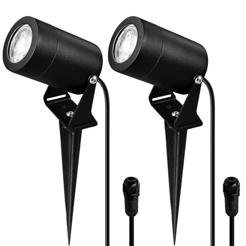 JNR Faretto LED da giardino in acciaio inox, con picchetto, IP65, impermeabile, con lampadina da 5 W GU10, 3000 K, luce bianca calda, cavo da 2 m, senza spina, illuminazione da giardino per esterni