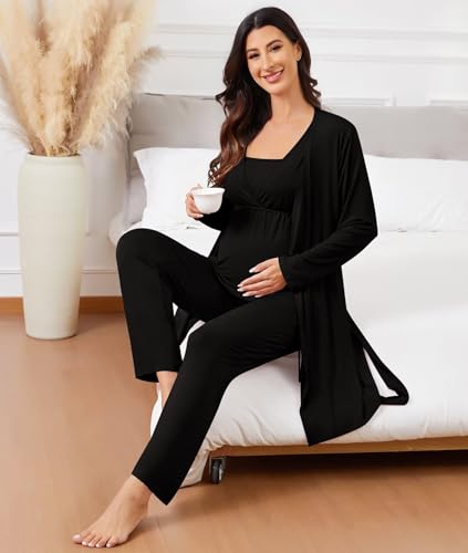 Image of SWOMOG Maternity Nursing Robe Set 3 Piece Breastfeeding Pajamas 3 in 1 Labor Delivery Sleevless Tops&Long Pants Pregnancy Pjs