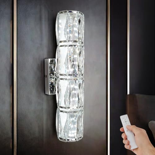 Image of Crystal Wall Sconce Dimmable LED with Remote for Bedroom Bathroom | Hardwired, 2700K-6000K Tunable, K9 Crystal, Chrome Modern Vanity Lighting for Stairway Hallway Bedside