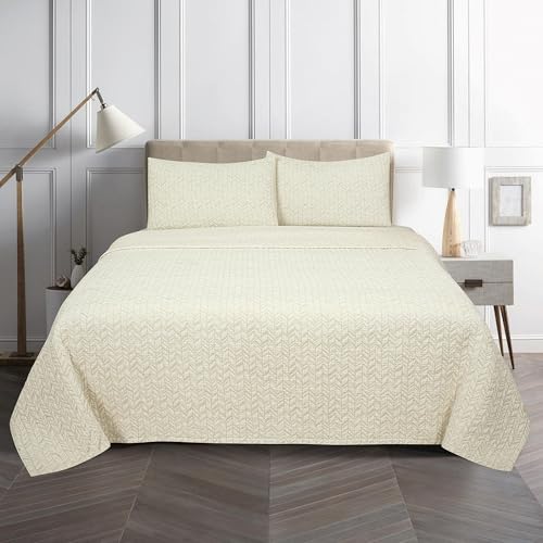 Image of ROYALE LINENS Full /Queen Size 3 pc Quilt Set - Lightweight 100% Microfiber Quilted Set - Bedspread - Quilted Blanket Thin Comforter -Bedding Coverlets for All Seasons (Natural, 1 Quilt - 2 Sham)