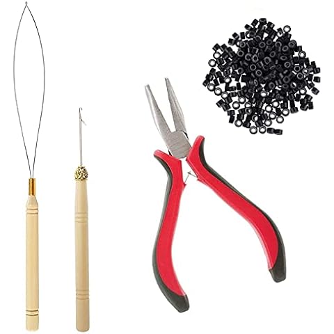 Hair Extension Tool Kit, Bead Device Tool, Silicone Lined Links Beads, Curved Hair Plier, for Tinsel and Feather Hair Extensions or Removal (Black) Cover