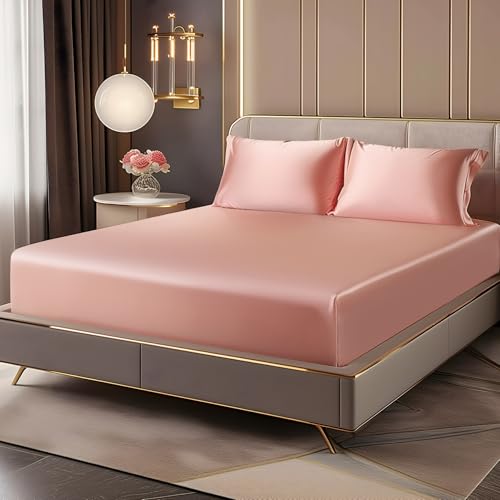 BEDELITE Satin Fitted Sheet and Pillowcases Set, Luxury Soft Similar to Silk Bottom Bed Sheet with Elastic Corner Straps, Deep Pocket up to 15 Inch, 1 Fitted Sheet and 2 Pillowcases(Full, Rose Pink)