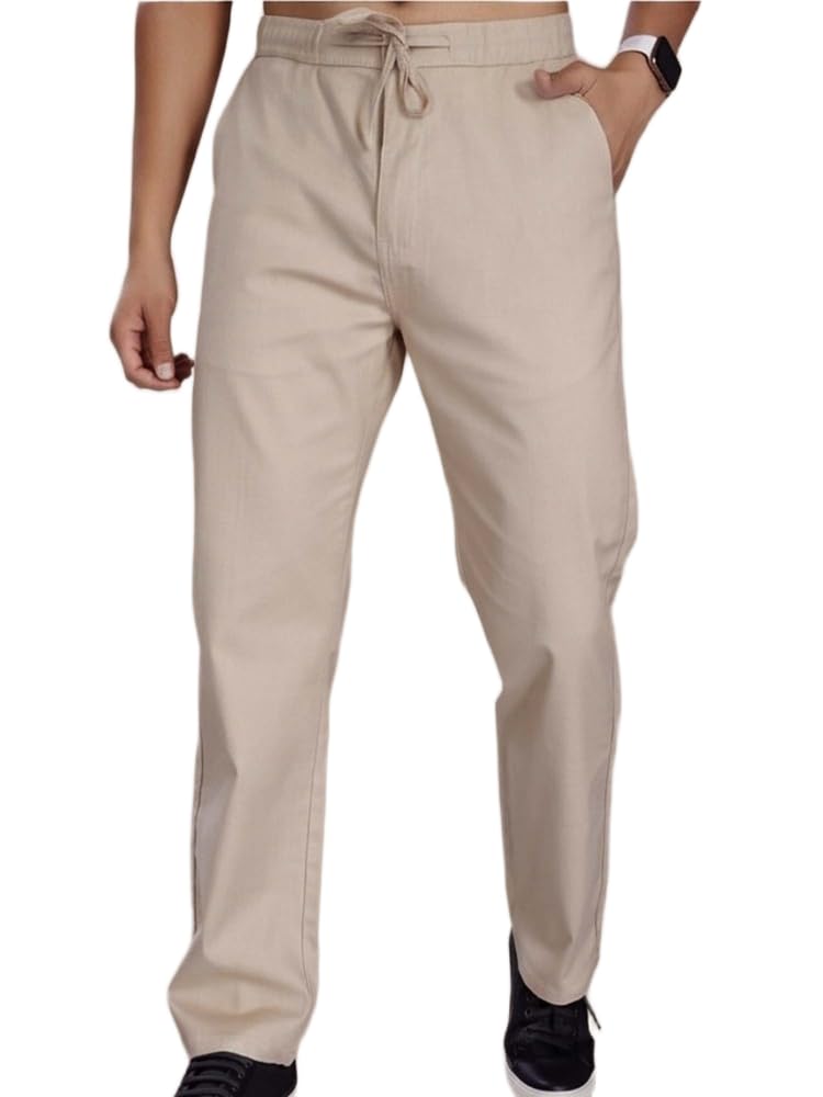 pantom Men's Trouser Cream Mid-Rise Linen Straight Fit Drawstring Casual Pant-picture-27