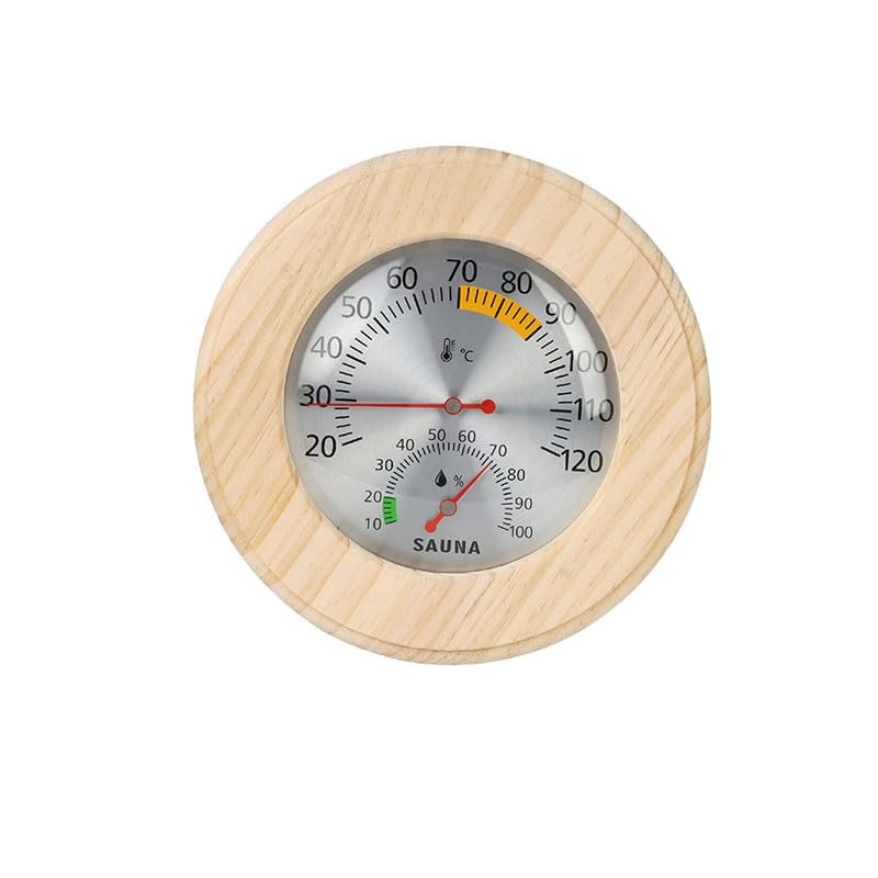 Round Sauna Room Temperature Humidity Meter with Solid Wood Frame for Home Bathroom