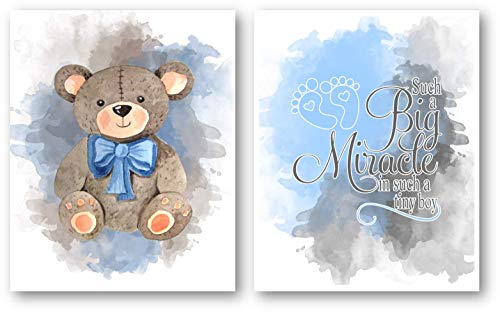 Ramini Brands Baby Boy Nursery Decor Art - Set Of 2 8 X 10 Unframed Prints - Teddy Bear And Footprints - Great Gift For Baby Showers #TOP18