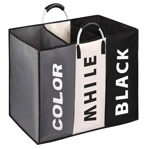 Wäschekorb 3 Fächer, Wäschesammler mit Aluminium-Griff, Wäschesortierer Wäschesack, Wäschetasche Schmutzwäsche Organizer Wäschetrenner für Schmutzwäsche(60X32X50cm)